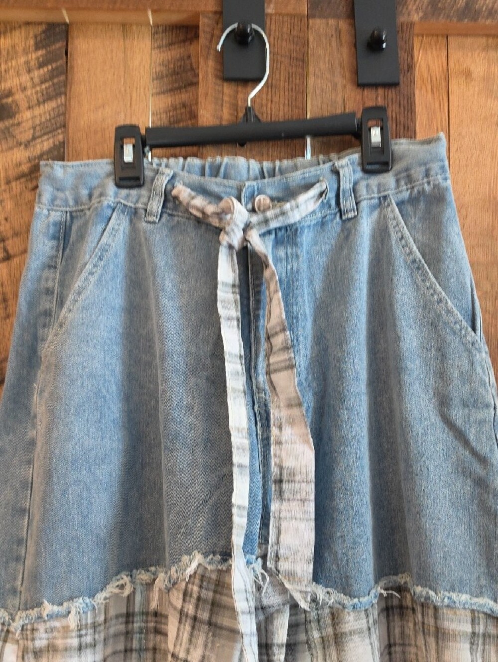 121p POL Patchwork Flare Jeans in Blue Denim with Plaid Panels - Picture 3 of 10
